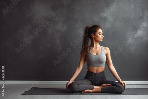 Young woman doing yoga on yoga mat. Young woman exercising at home. Peaceful beautiful woman doing exercises at home in her studio. photo