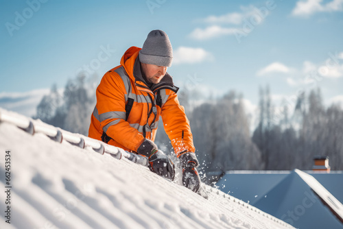Worker cleans snow on the roof. Male worker clearing snow off roof of a house after big blizzard. Safety at home in winter conditions.