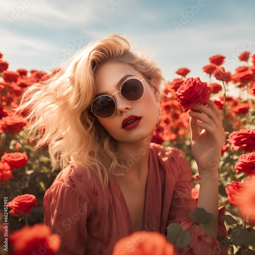 Young woman holding  a rose while sitting in a rosefield photo
