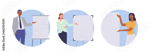 Business people cartoon character giving presentation at whiteboard round icon composition set