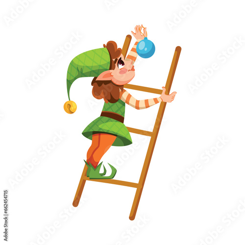 Funny Girl Elf Character on Ladder Hang Bauble Vector Illustration