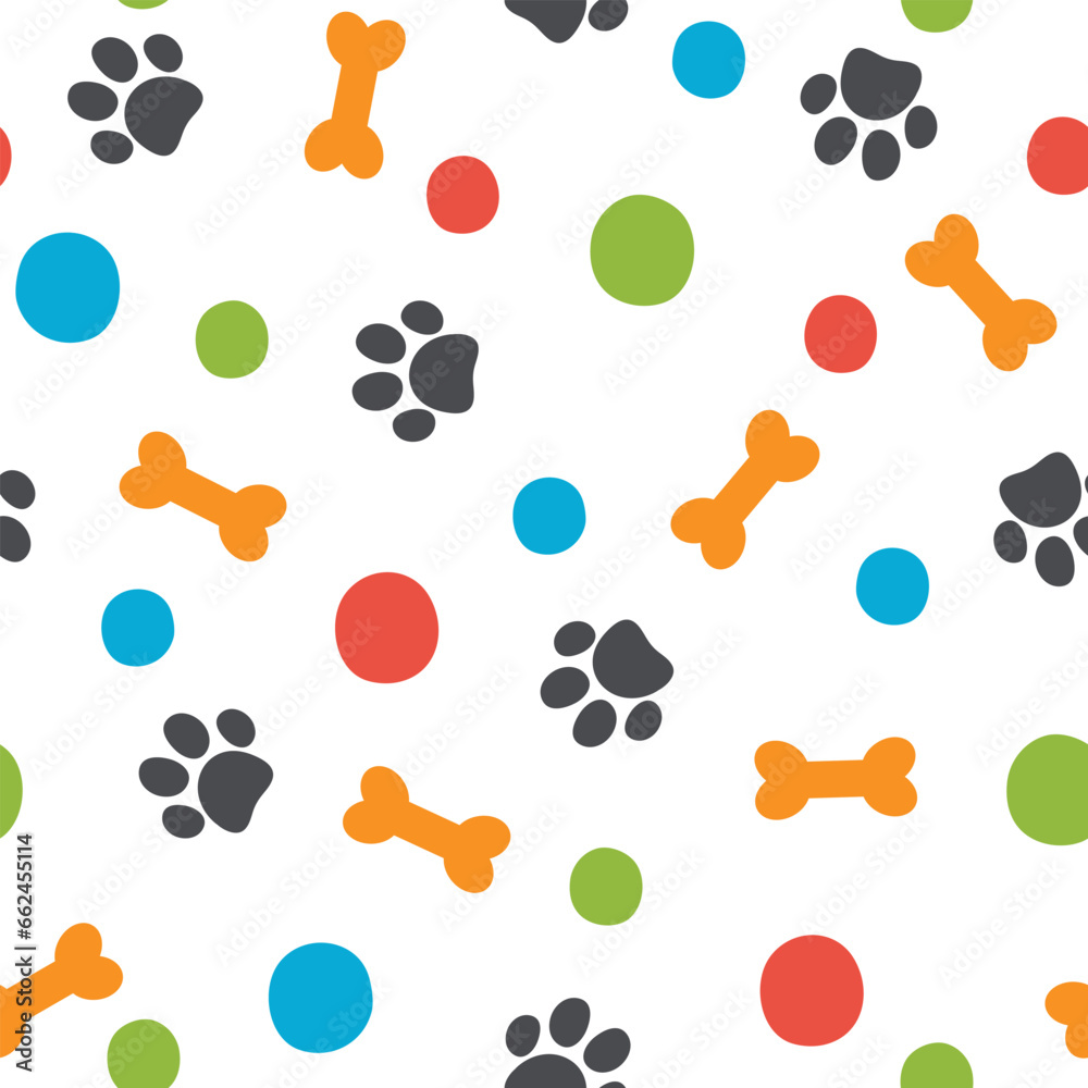 Fototapeta premium Seamless pattern with pet paw footprint, bone and dots. Vector illustration on white background. It can be used for wallpapers, wrappers, cards, patterns for clothes and others. 
