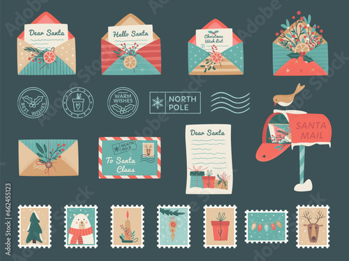 Set of Santa mail included Christmas opened and closed  envelopes, decorated with branches and dried lemon slice, seals, postage stamps,  Wishlist, Mailbox. Vector illustration on dark background