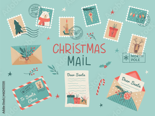 Set of Santa mail included Christmas opened and closed  envelopes, decorated with branches and dried lemon slice, seals, postage stamps,  Wishlist, Mailbox. Vector illustration on light background