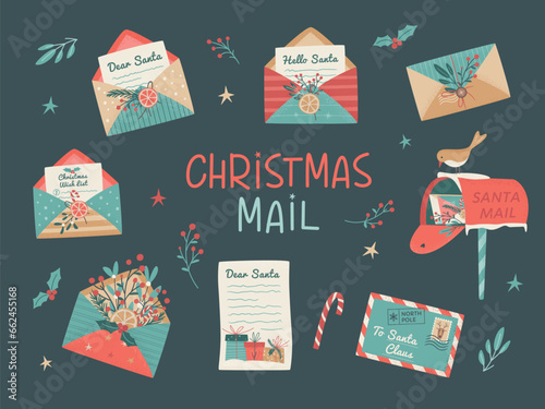 Set of Santa mail included Christmas opened and closed  envelopes, decorated with branches and dried lemon slice, seals, postage stamps,  Wishlist, Mailbox. Vector illustration on dark background