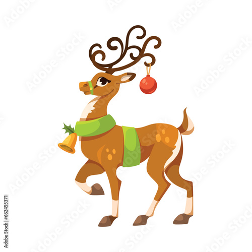 Cute Reindeer with Curved Antlers  Scarf and Bauble Standing Vector Illustration