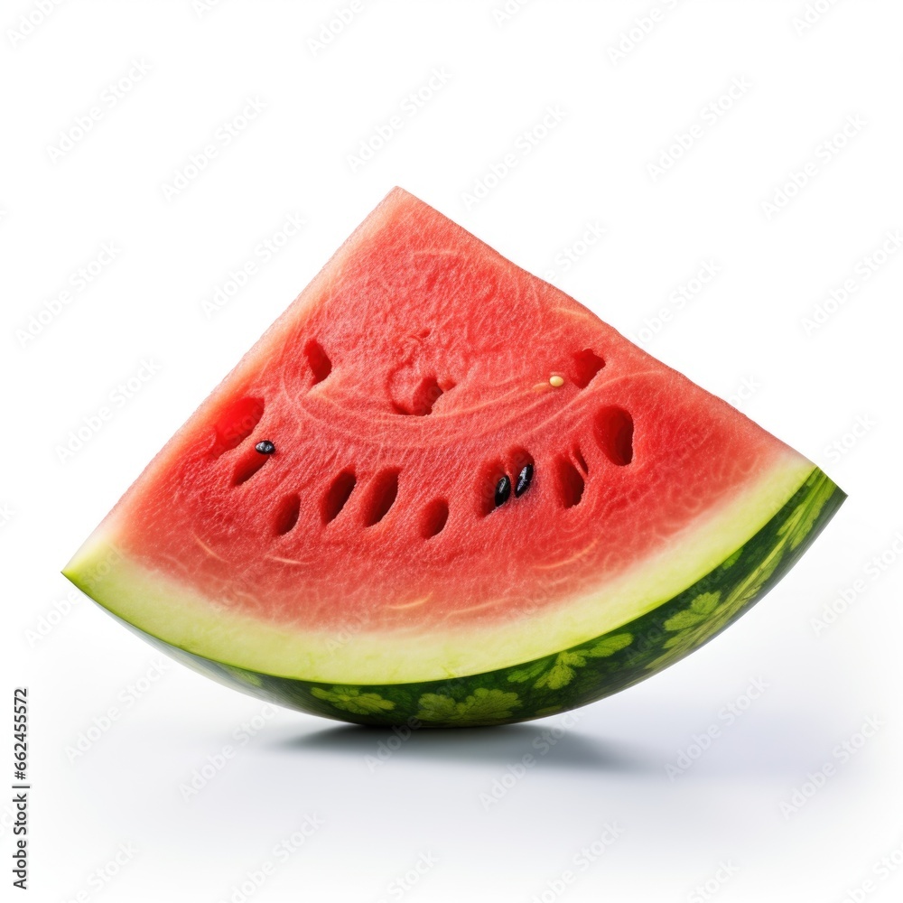 A slice of watermelon is shown on a white surface A slice of watermelon is shown on a white surface