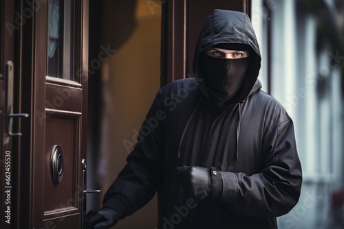 young thief opening the security door to commit the robbery