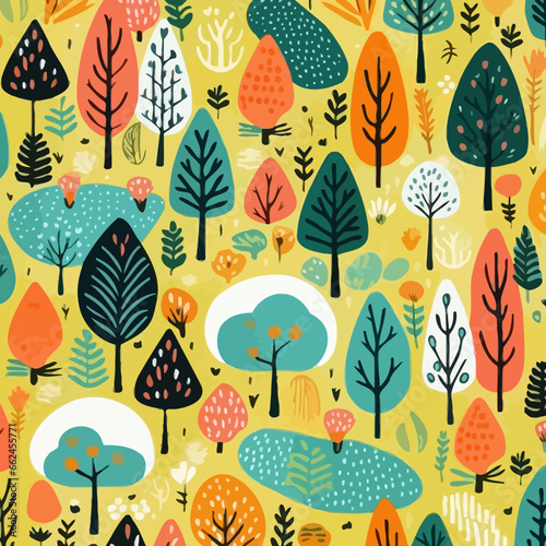 Forest landscapes quirky doodle pattern, background, cartoon, vector, whimsical Illustration