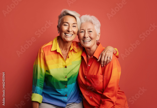 Portrait of a Senior lesbian couple in colorful modern clothes, smiling and in love photo