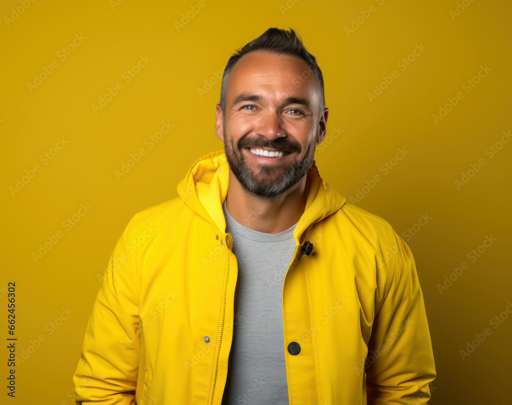 Obraz premium Portrait of a smiling man with beard in a yellow jacket on a yellow background
