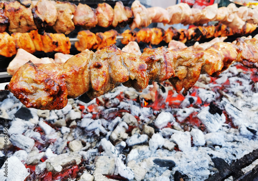 Meat fried on an open fire Meat fried on an open fire