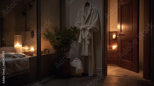  a robe hanging on a wall next to a bath tub.  generative ai