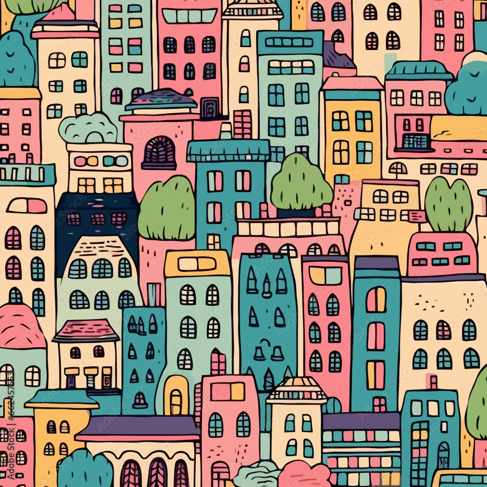 Decaying cityscapes quirky doodle pattern, background, cartoon, vector, whimsical Illustration
