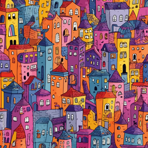 Decaying cityscapes quirky doodle pattern  background  cartoon  vector  whimsical Illustration