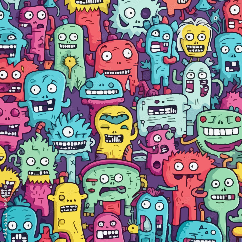 Zombies or mutants quirky doodle pattern, background, cartoon, vector, whimsical Illustration