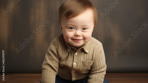 Child with down syndrome crawling. Portrait of a one year old boy. photo