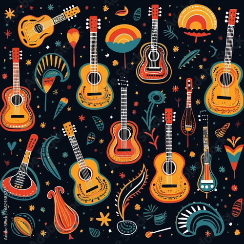 Folk instruments quirky doodle pattern, background, cartoon, vector, whimsical Illustration photo