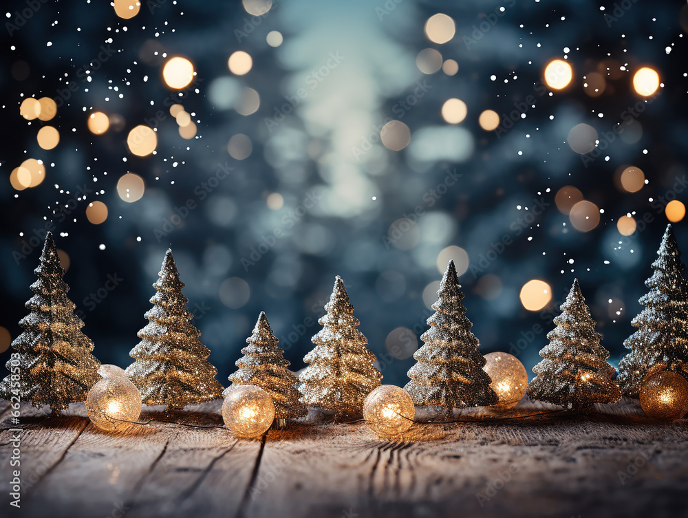 sfondo natalizio nei toni dell'oro con tavolo di legno per inserimento prodotto, luci magiche sfocate e bokeh di sfondo dorato, , alberi di natale mini in primo piano - obrazy, fototapety, plakaty 