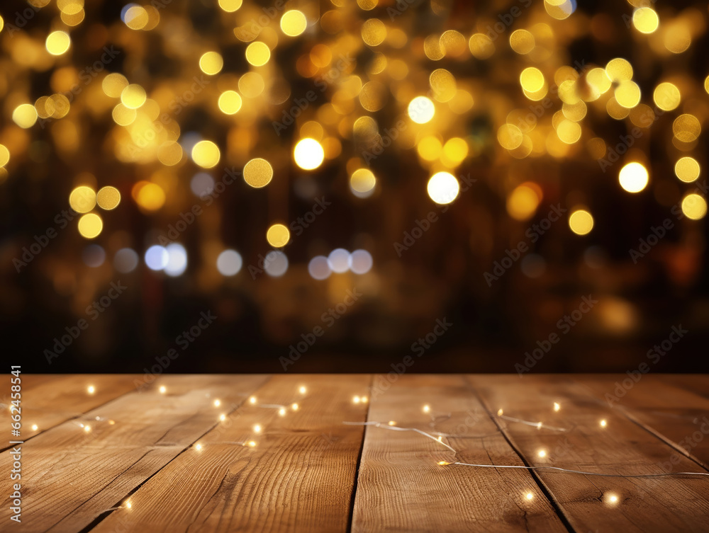 sfondo natalizio nei toni dell'oro con tavolo di legno per inserimento prodotto, luci magiche sfocate e bokeh di sfondo dorato,  - obrazy, fototapety, plakaty 