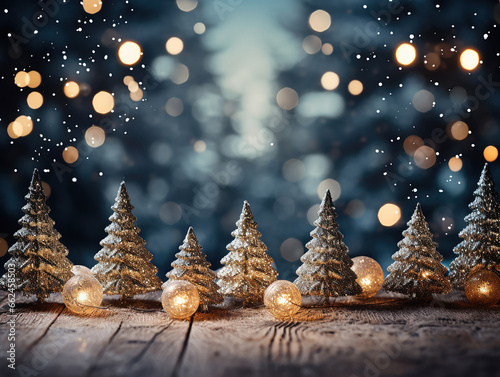 sfondo natalizio nei toni dell'oro con tavolo di legno per inserimento prodotto, luci magiche sfocate e bokeh di sfondo dorato, , alberi di natale mini in primo piano photo