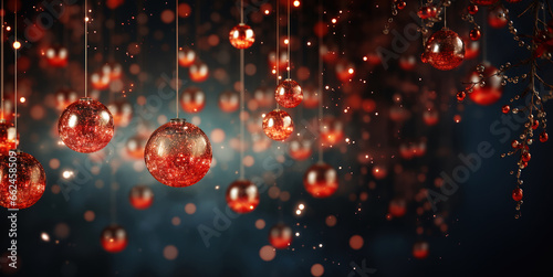 sfondo di Natale sui toni del rosso con palle di natale in primo piano rosse, fondale con luci magiche e bokeh ideale per biglietti di auguri photo