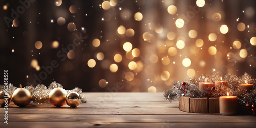 sfondo natalizio nei toni dell'oro con tavolo di legno per inserimento prodotto, luci magiche sfocate e bokeh di sfondo dorato,  photo