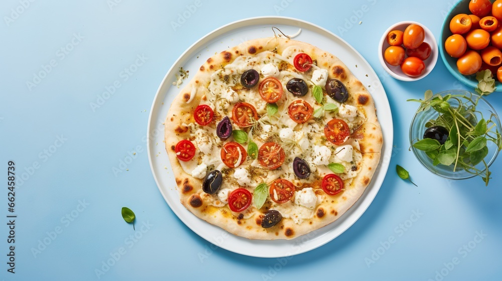 a pizza on a plate next to a bowl of tomatoes. generative ai a pizza on a plate next to a bowl of tomatoes. generative ai