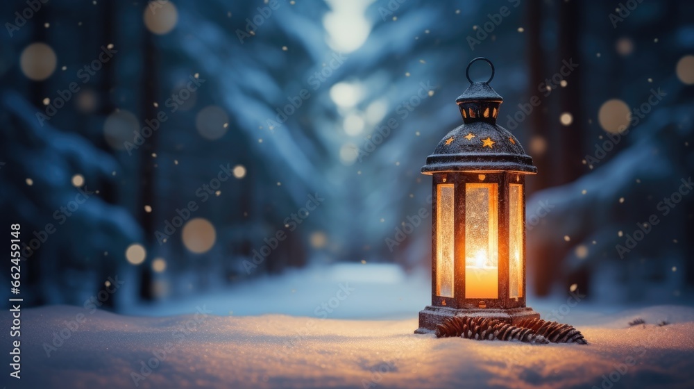 Glowing lantern in the snow surrounded by conifer cones. Winter background Glowing lantern in the snow surrounded by conifer cones. Winter background