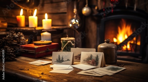 Vintage Christmas postcards on a wooden table near a fireplace