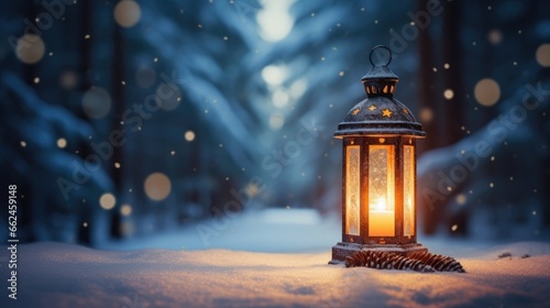 Glowing lantern in the snow surrounded by conifer cones. Winter background