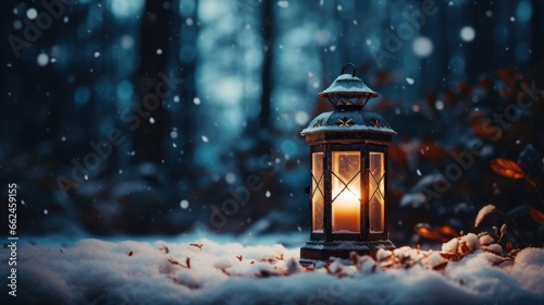Glowing lantern in the snow surrounded by conifer cones. Winter background