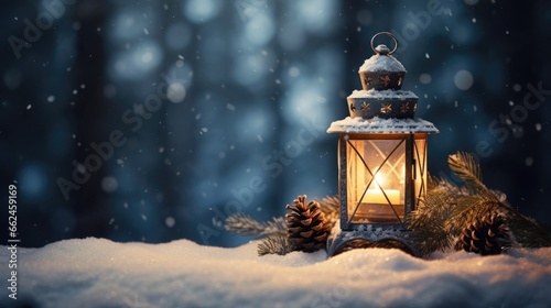 Glowing lantern in the snow surrounded by conifer cones. Winter background © Jane Kelly