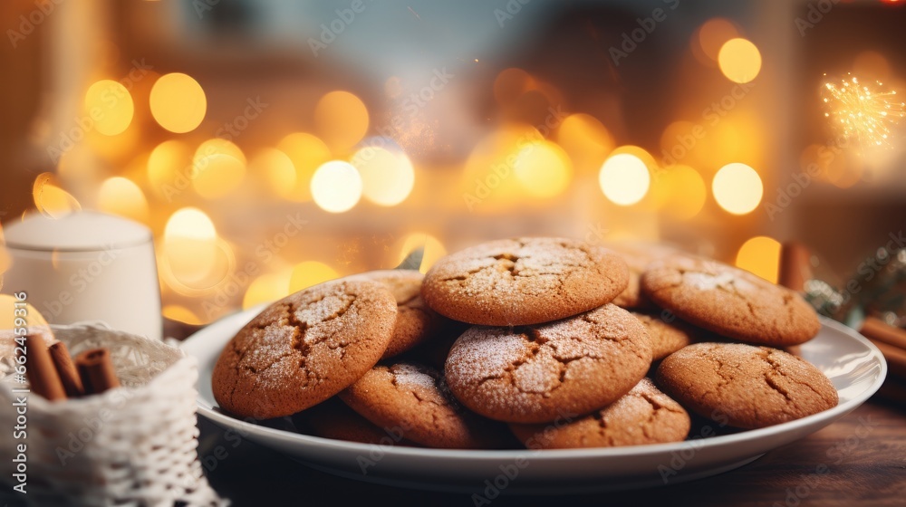 Plate of freshly baked gingerbread cookies with a blurry cozy room behind Plate of freshly baked gingerbread cookies with a blurry cozy room behind