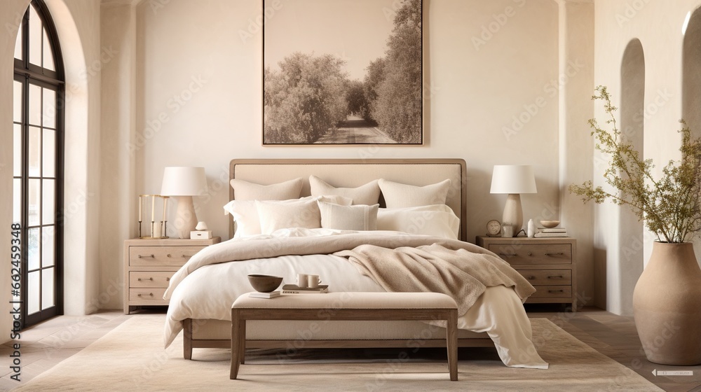 a bedroom with a large bed and a painting on the wall. generative ai a bedroom with a large bed and a painting on the wall. generative ai