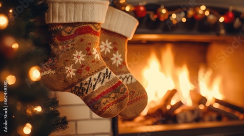 Soft knitted Christmas socks by a fireplace
