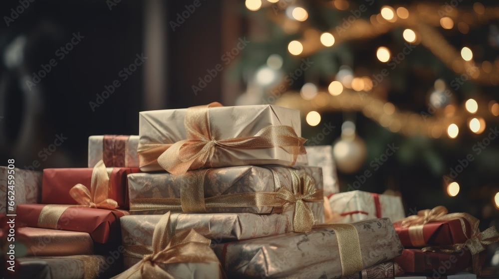 Pile of wrapped Christmas presents with a sparkling Christmas tree blurred in the background