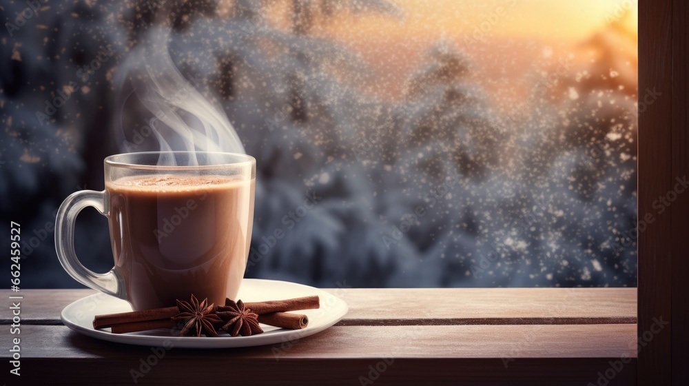 Steaming mug of hot cocoa on a wooden windowsill with a snowy landscape beyond