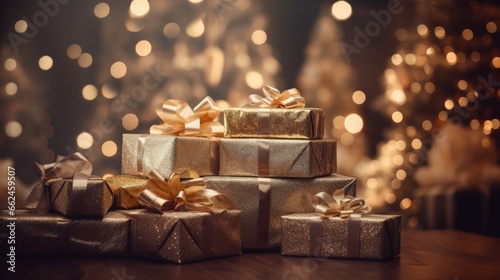 Pile of wrapped Christmas presents with a sparkling Christmas tree blurred in the background photo