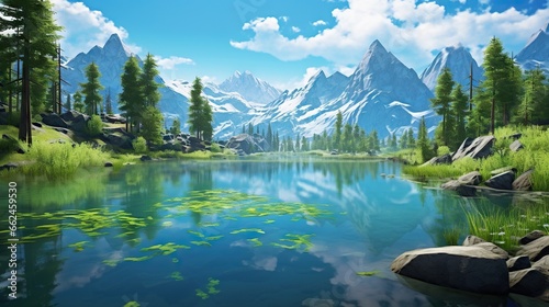  a painting of a mountain lake surrounded by trees and grass. generative ai