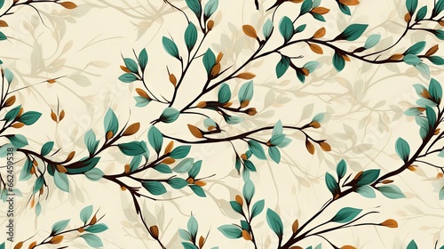  a tree branch with green leaves on a cream background with brown and green leaves.  generative ai