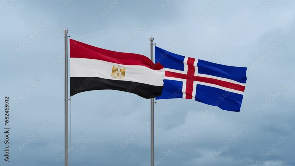 Iceland and Egypt flag waving together on cloudy sky, endless seamless loop, two country cooperation concept Iceland and Egypt flag waving together on cloudy sky, endless seamless loop, two country cooperation concept
