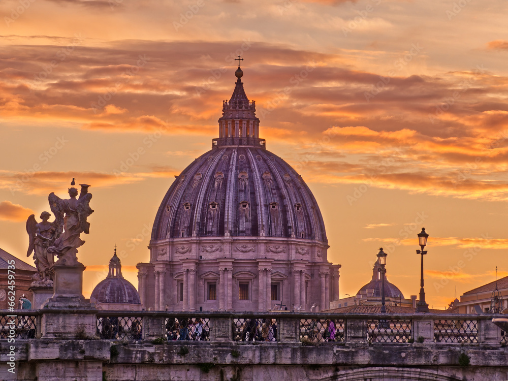 St. Peter's Basilica dome and St. Angel bridge, Rome, Italy