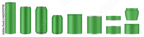 Set of green tin cans and jars. Coffee or tea canister. Tin can for preserves or pet food. Beer, cocktail or soda can. Chips tube. Cookie jar. Round box for sugar or flour