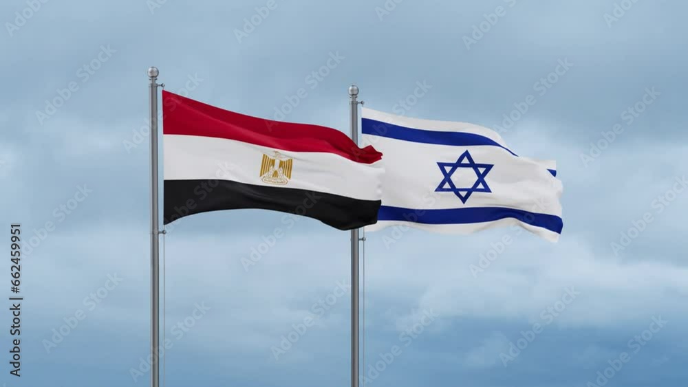 Israel flag and Egypt flag waving together on cloudy sky, endless seamless loop, two country relations concept