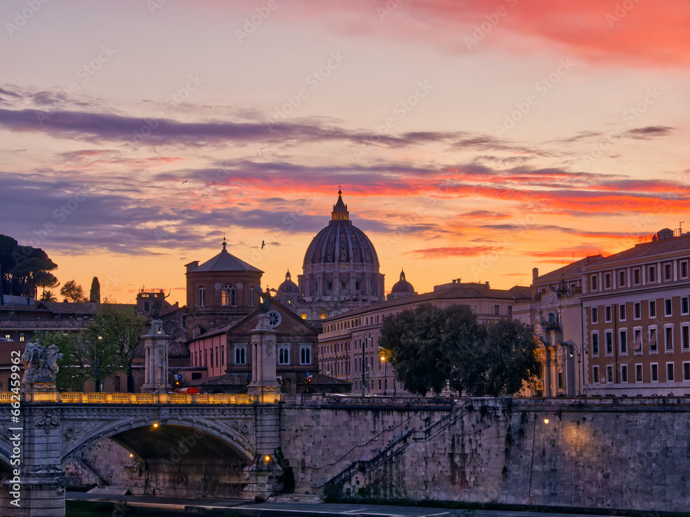 Rome sunset over Tiber and St. Peter's Basilica Vatican, Italy