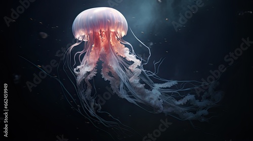  a jellyfish floating in the water with a dark background.  generative ai © Anna