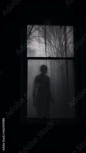 A man standing in front of a window in the dark
