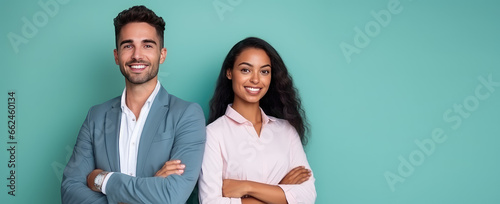 Smiling man and woman in office clothes standing side by side isolated on flat background with copy space. Job application banner template, vacancies, friendly team of employees. photo