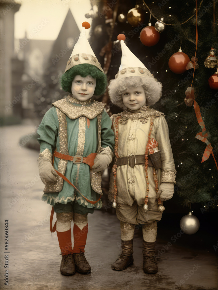 Christmas elves in the early 1900s - hand colored print 